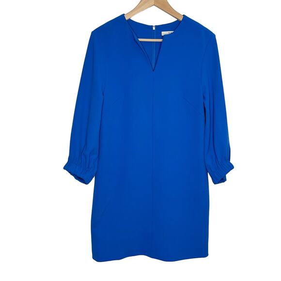 Tibi Womens Crepe Mini Shift Dress 6 Blue 3/4 Sleeve V Neck Workwear Cocktail - Picture 2 of 15